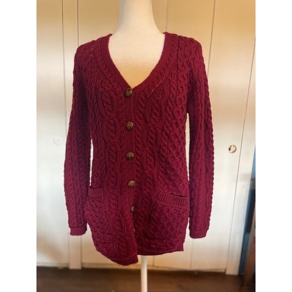Inis Crafts Irish 100% Merino Wool Long Cardigan‎ Women's Size Medium Burgundy - Picture 1 of 6